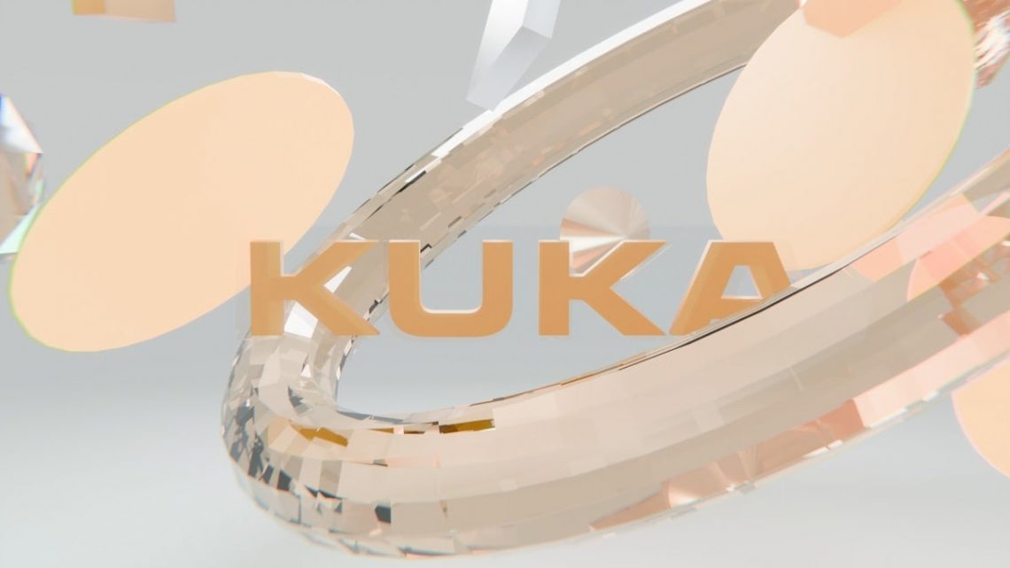 Orange kuka text surrounded by abstract geometric shapes.